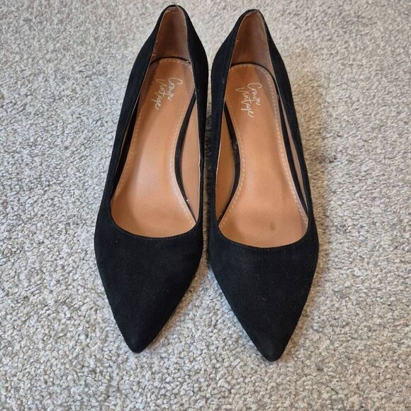 Crown Vintage Block Heels Black Suede Pointed Toe Pumps Size 9 - Picture 2 of 7